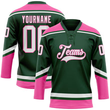 Laden Sie das Bild in den Galerie-Viewer, Custom Green White-Pink Hockey Lace Neck Jersey
