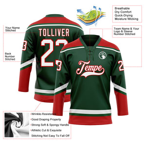 Custom Green White-Red Hockey Lace Neck Jersey