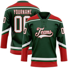 Load image into Gallery viewer, Custom Green White-Red Hockey Lace Neck Jersey
