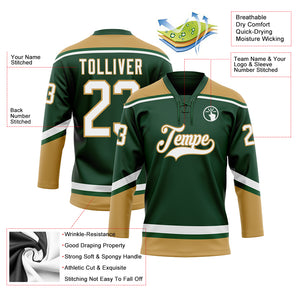 Custom Green White-Old Gold Hockey Lace Neck Jersey