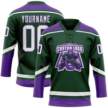 Laden Sie das Bild in den Galerie-Viewer, Custom Green White-Purple Hockey Lace Neck Jersey
