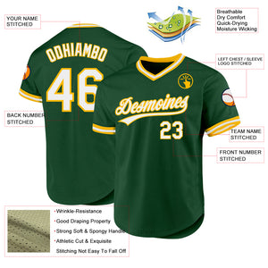 Custom Green White-Gold Authentic Throwback Baseball Jersey