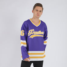 Laden Sie das Bild in den Galerie-Viewer, Custom Purple Gold-White Hockey Jersey
