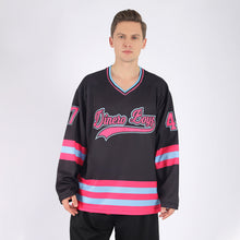 Load image into Gallery viewer, Custom Black Pink-Light Blue Hockey Jersey
