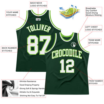 Custom Hunter Green White-Neon Green Authentic Throwback Basketball Jersey