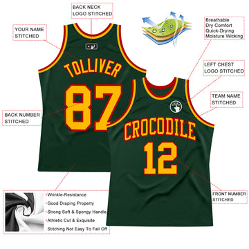 Custom Hunter Green Gold-Red Authentic Throwback Basketball Jersey
