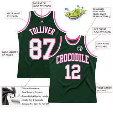 Custom Hunter Green White-Pink Authentic Throwback Basketball Jersey