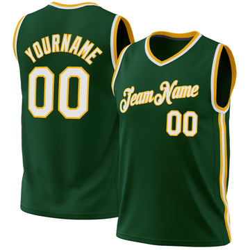 Custom Hunter Green White-Gold Authentic Throwback Basketball Jersey