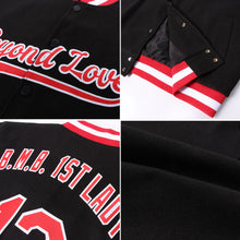 Load image into Gallery viewer, Custom Black Red-White Bomber Full-Snap Varsity Letterman Jacket
