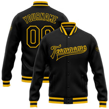 Load image into Gallery viewer, Custom Black Black-Gold Bomber Full-Snap Varsity Letterman Jacket
