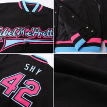 Load image into Gallery viewer, Custom Black Pink-Light Blue Bomber Full-Snap Varsity Letterman Jacket
