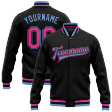 Load image into Gallery viewer, Custom Black Pink-Light Blue Bomber Full-Snap Varsity Letterman Jacket
