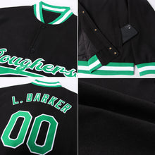 Load image into Gallery viewer, Custom Black Kelly Green-White Bomber Full-Snap Varsity Letterman Jacket
