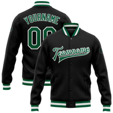 Load image into Gallery viewer, Custom Black Kelly Green-White Bomber Full-Snap Varsity Letterman Jacket
