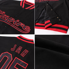 Charger l&#39;image dans la galerie, Custom Black Black-Red Bomber Full-Snap Varsity Letterman Jacket
