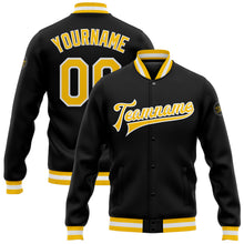 Load image into Gallery viewer, Custom Black Gold-White Bomber Full-Snap Varsity Letterman Jacket
