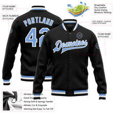 Load image into Gallery viewer, Custom Black Light Blue-White Bomber Full-Snap Varsity Letterman Jacket
