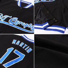 Load image into Gallery viewer, Custom Black Royal-White Bomber Full-Snap Varsity Letterman Jacket
