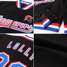 Load image into Gallery viewer, Custom Black Royal White-Red Bomber Full-Snap Varsity Letterman Jacket
