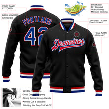 Load image into Gallery viewer, Custom Black Royal White-Red Bomber Full-Snap Varsity Letterman Jacket

