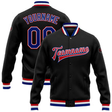 Load image into Gallery viewer, Custom Black Royal White-Red Bomber Full-Snap Varsity Letterman Jacket
