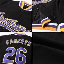 Load image into Gallery viewer, Custom Black Purple-Gold Bomber Full-Snap Varsity Letterman Jacket
