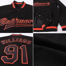 Charger l&#39;image dans la galerie, Custom Black Black-Orange Bomber Full-Snap Varsity Letterman Jacket
