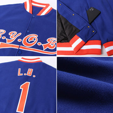 Custom Royal Orange-White Bomber Full-Snap Varsity Letterman Jacket