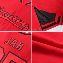 Laden Sie das Bild in den Galerie-Viewer, Custom Red Red-Black Bomber Full-Snap Varsity Letterman Jacket
