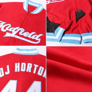 Custom Red White-Light Blue Bomber Full-Snap Varsity Letterman Jacket