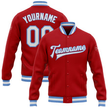 Charger l&#39;image dans la galerie, Custom Red White-Light Blue Bomber Full-Snap Varsity Letterman Jacket
