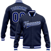 Load image into Gallery viewer, Custom Navy Royal-White Bomber Full-Snap Varsity Letterman Jacket
