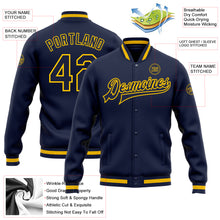 Загрузить изображение в средство просмотра галереи, Custom Navy Navy-Gold Bomber Full-Snap Varsity Letterman Jacket
