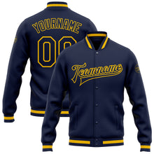 Загрузить изображение в средство просмотра галереи, Custom Navy Navy-Gold Bomber Full-Snap Varsity Letterman Jacket
