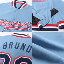 Загрузить изображение в средство просмотра галереи, Custom Light Blue Navy White-Red Bomber Full-Snap Varsity Letterman Jacket
