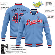 Загрузить изображение в средство просмотра галереи, Custom Light Blue Navy White-Red Bomber Full-Snap Varsity Letterman Jacket
