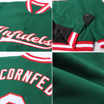 Custom Kelly Green White-Red Bomber Full-Snap Varsity Letterman Jacket