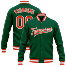 Load image into Gallery viewer, Custom Kelly Green Orange-White Bomber Full-Snap Varsity Letterman Jacket
