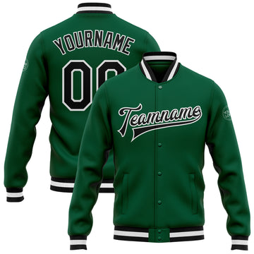 Custom Kelly Green Black-White Bomber Full-Snap Varsity Letterman Jacket