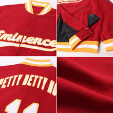Laden Sie das Bild in den Galerie-Viewer, Custom Crimson White-Gold Bomber Full-Snap Varsity Letterman Jacket
