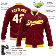 Laden Sie das Bild in den Galerie-Viewer, Custom Crimson White-Gold Bomber Full-Snap Varsity Letterman Jacket
