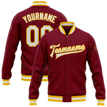 Laden Sie das Bild in den Galerie-Viewer, Custom Crimson White-Gold Bomber Full-Snap Varsity Letterman Jacket
