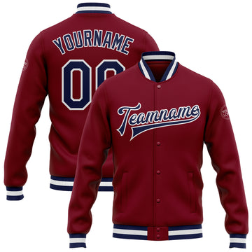 Custom Crimson Navy-White Bomber Full-Snap Varsity Letterman Jacket