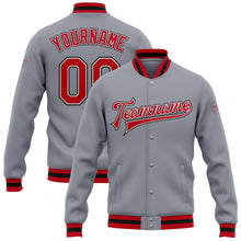 Charger l&#39;image dans la galerie, Custom Gray Red White-Black Bomber Full-Snap Varsity Letterman Jacket
