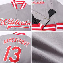 Загрузить изображение в средство просмотра галереи, Custom Gray Red-White Bomber Full-Snap Varsity Letterman Jacket
