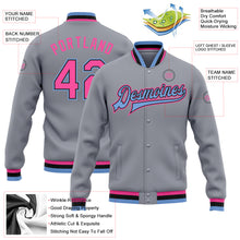 Load image into Gallery viewer, Custom Gray Pink Black-Light Blue Bomber Full-Snap Varsity Letterman Jacket

