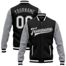 Load image into Gallery viewer, Custom Black White-Gray Bomber Full-Snap Varsity Letterman Two Tone Jacket
