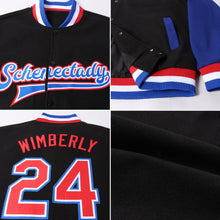 Load image into Gallery viewer, Custom Black Red-Royal Bomber Full-Snap Varsity Letterman Two Tone Jacket
