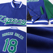 Load image into Gallery viewer, Custom Royal Kelly Green-White Bomber Full-Snap Varsity Letterman Two Tone Jacket

