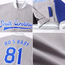 Load image into Gallery viewer, Custom Gray Royal-White Bomber Full-Snap Varsity Letterman Two Tone Jacket
